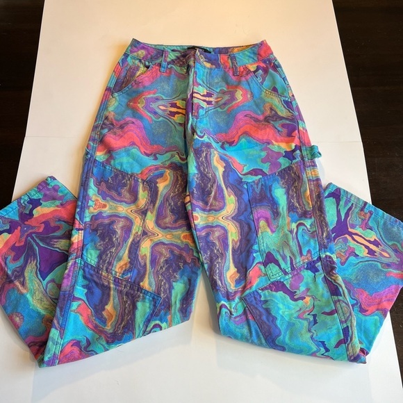 Blue Marble Swirl Trippy Utility Cargo Straight-Leg Pants Bottoms Jeans Sz S Y2K - Picture 6 of 8
